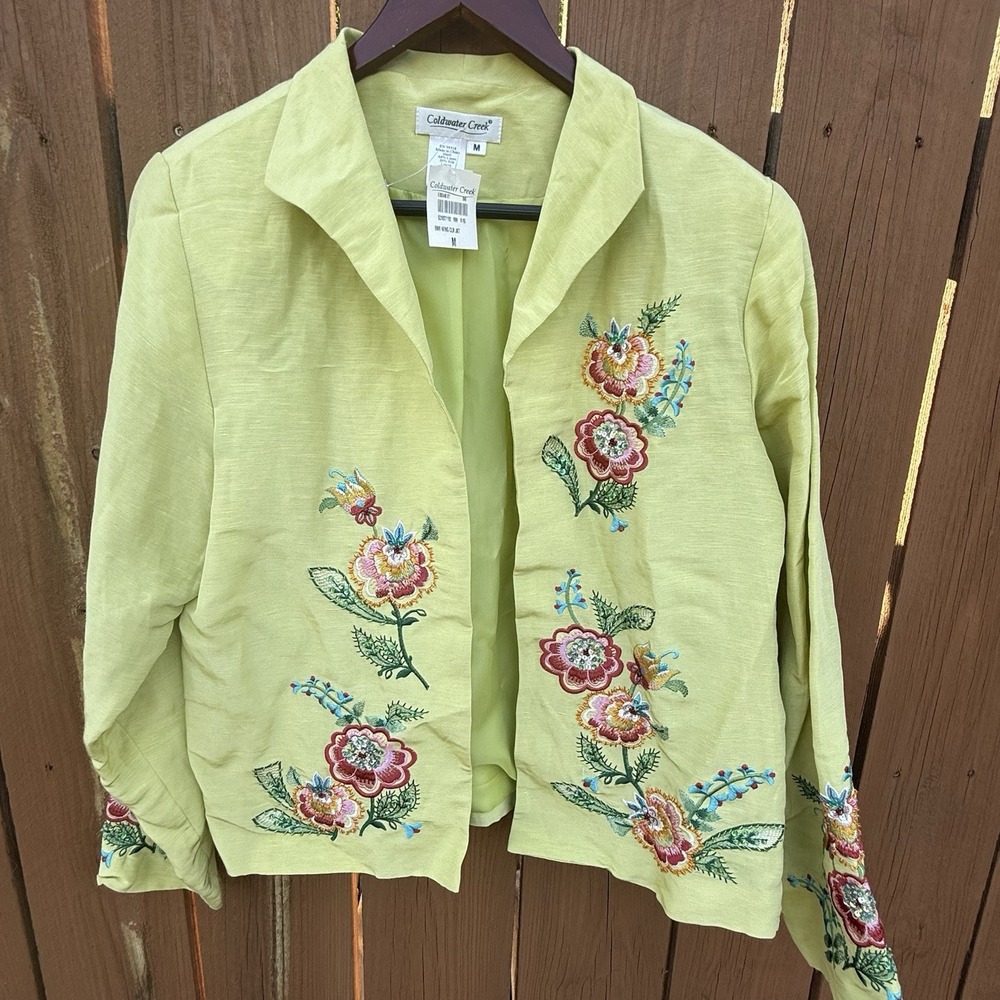 Coldwater Creek Jacket Lime Green Floral Linen Silk Open Front‎ Blazer Top M NWT